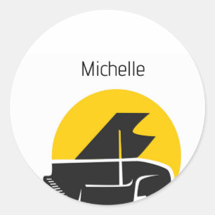 Pegatina Redonda Notas Musicales y Teclas de Piano Negras y Doradas