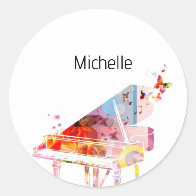 Pegatina Redonda Notas Musicales y Teclas de Piano Negro y Dorado (Anverso)