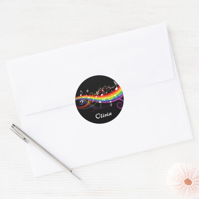 Pegatina Redonda Notas personalizadas de música en arcoiris blanca  (Sobre)