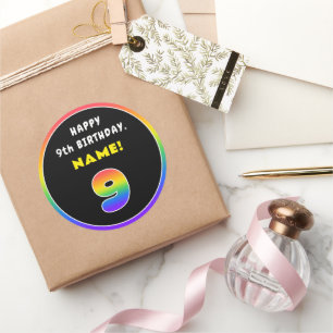 Pegatina Redonda Noveno cumpleaños: arcoiris colorido # 9, nombre p