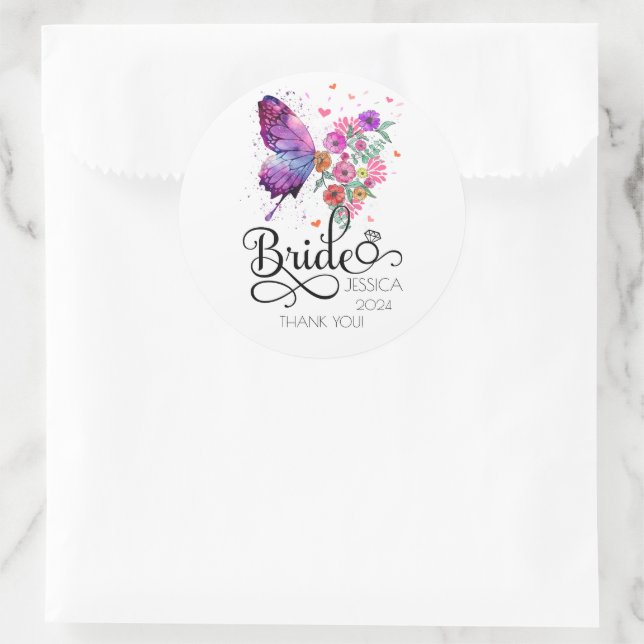 Pegatina redonda novia boho floral mariposa (Bolso)