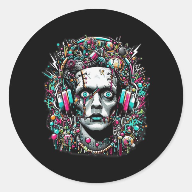 Pegatina Redonda Novia Cyberpunk de Frankenstein  (Anverso)