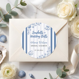 Pegatina Redonda Novia de concha de mar azul náutico personalizado