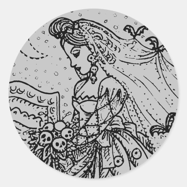 PEGATINA REDONDA NOVIA DE HALLOWEEN GÓTICO, MURCIÉLAGOS, VELO, RAMO (Anverso)