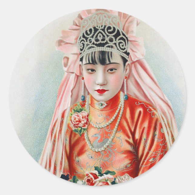 Pegatina Redonda Novia en rojo a Boda chino en Shanghai (Anverso)