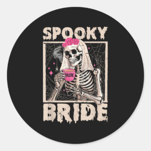 Pegatina Redonda Novia Esqueleto Bebiendo Café Boda Halloween C