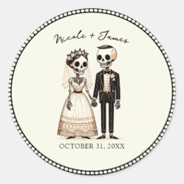 Pegatina Redonda Novia + Novio Esqueleto de Dibujos Animados Boda C