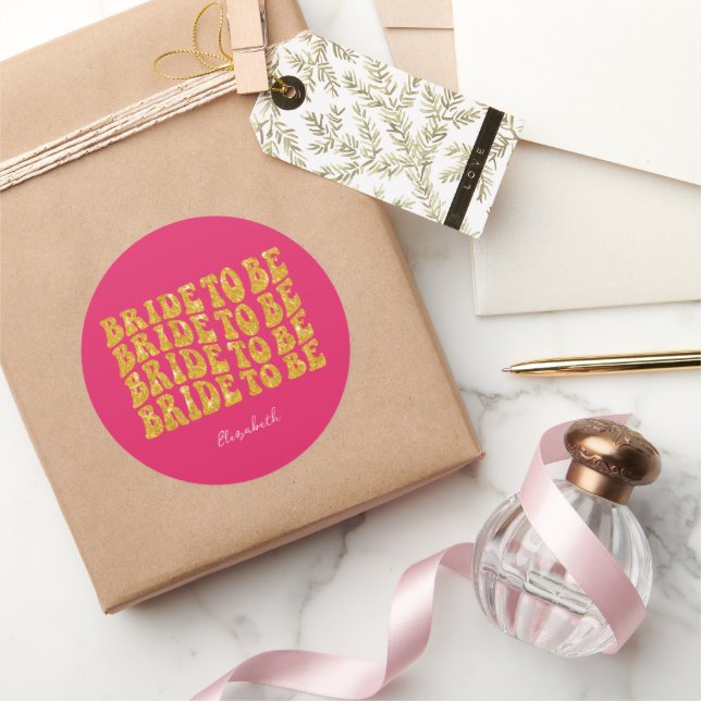 Pegatina Redonda Novia para ser Purpurina de oro Texto con nombre,  (Regalar)