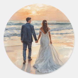 Pegatina Redonda Novia y Novio Acuarela de Playa Boda Pintada