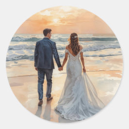 Pegatina Redonda Novia y Novio Acuarela de Playa Boda Pintada