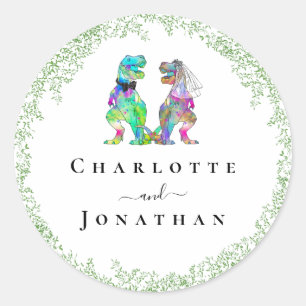Pegatina Redonda Novia y Novio Dinosaurio Divertidos Personalizados