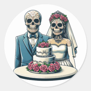 Pegatina Redonda Novia y Novio Esqueleto Día de Muertos Arte de Bod