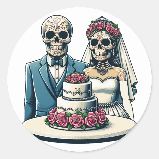 Pegatina Redonda Novia y Novio Esqueleto Día de Muertos Arte de Bod (Anverso)