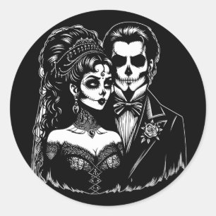 Pegatina Redonda Novia y Novio góticos día de muertos Arte de Esque