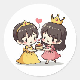 Pegatina Redonda Novia y Novio Kawaii - Tema de Cuento de Hadas