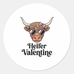 Pegatina Redonda Novilla de San Valentín Vaca Highland Diseño Vinta