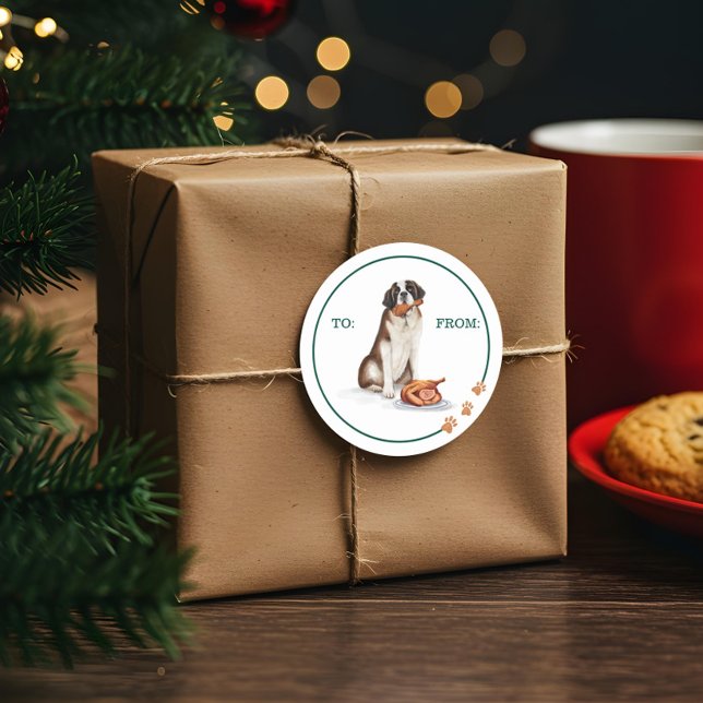 Pegatina Redonda Ntrina Acuarela De Perro St Bernard Comiendo Turqu (Naughty Dog Watercolor St Bernard Eating Turkey Classic Round Sticker)