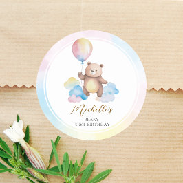 Pegatina Redonda Nube de globos de osito de peluche cumpleaños de o
