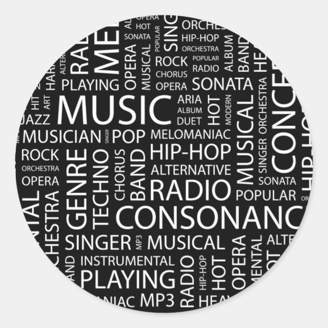 Pegatina Redonda nube de palabras de patrón MUSICAL (Anverso)