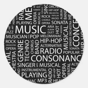 Pegatina Redonda nube de palabras de patrón MUSICAL