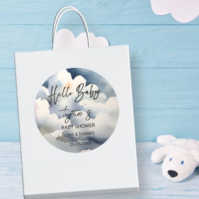 Pegatina Redonda Nube hola bebé ducha de bebé grises favorece (hello baby Cloud  baby shower grey clouds thank you favor stickers)