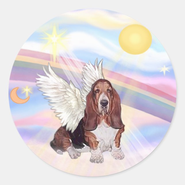 Pegatina Redonda Nubes - Ángel Basset Hound (Anverso)