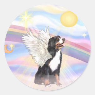 Pegatina Redonda Nubes - Ángel de perro de montaña bernés