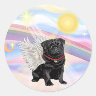 Pegatina Redonda Nubes - Ángel Pug Negro