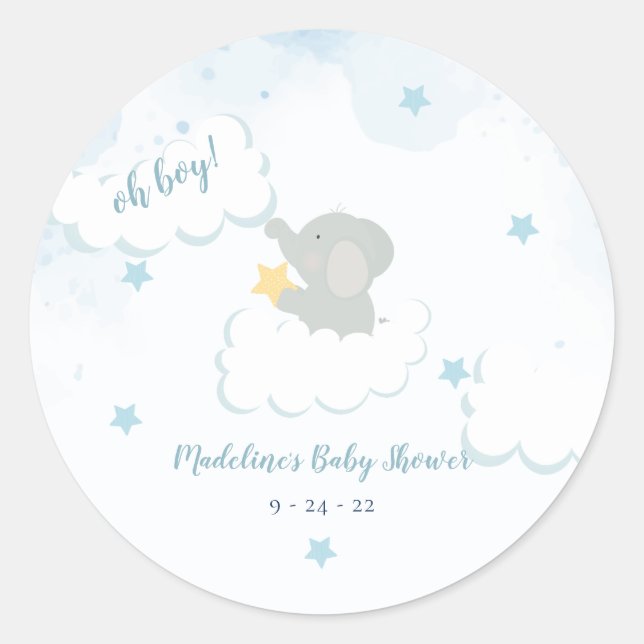 Pegatina Redonda Nubes Stars Elephant Baby Shower (Anverso)