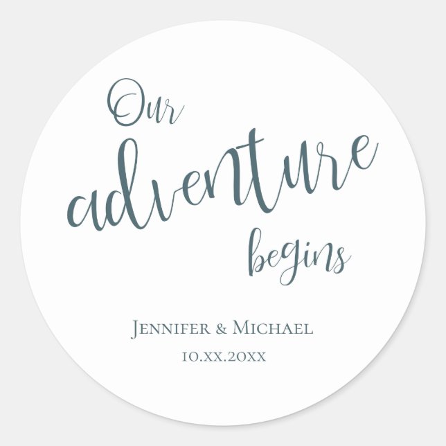 Pegatina Redonda Nuestra aventura comienza con el verde azulado bod (Anverso)