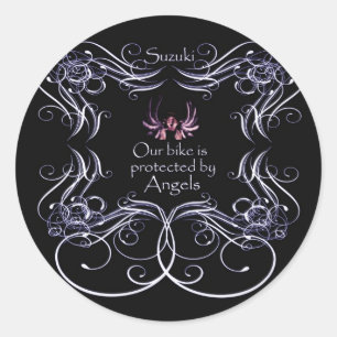 Pegatina Redonda Nuestra bici es protegida por ángeles