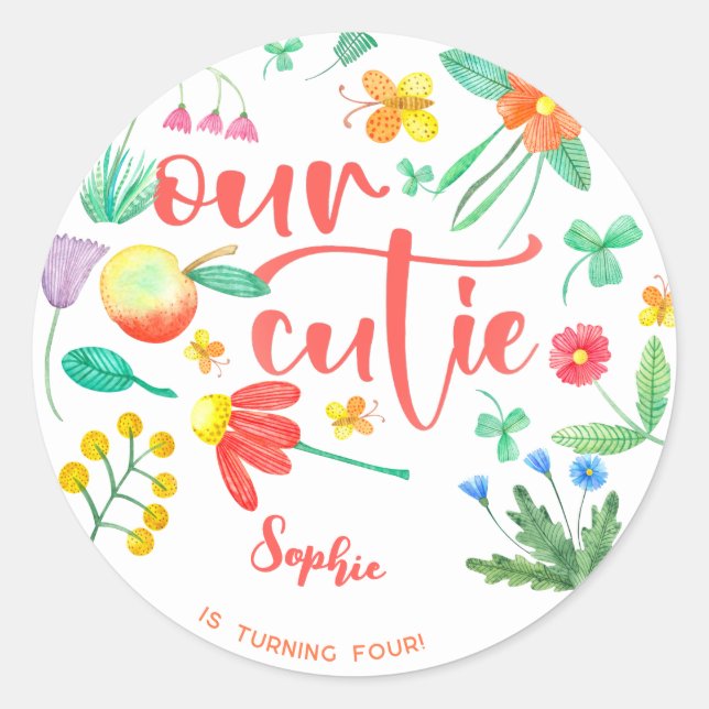Pegatina Redonda Nuestra corbata es... cumpleaños de niños florales (Anverso)