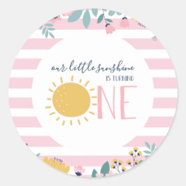 Pegatina Redonda Nuestra floral de sol, cumpleaños de banda rosa