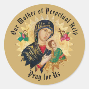 Pegatina Redonda Nuestra madre de la ayuda perpetua con el bebé