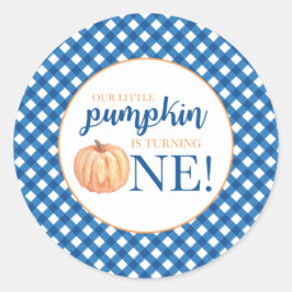 Pegatina Redonda Nuestra pequeña calabaza azul de platillos de prim