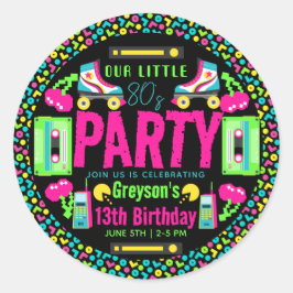 Pegatina Redonda nuestra pequeña fiesta de cumpleaños de Retro Neon