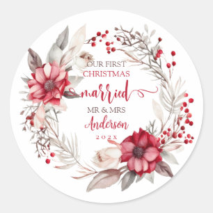 Pegatina Redonda Nuestra primera Navidad casada
