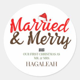Pegatina Redonda Nuestra primera Navidad, Sr. y Sra. Newlyw Merry