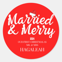 Pegatina Redonda Nuestra primera Navidad, Sr. y Sra. Newlyw Merry