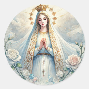 Pegatina Redonda Nuestra Señora de Fátima Rosas blancas acuarela