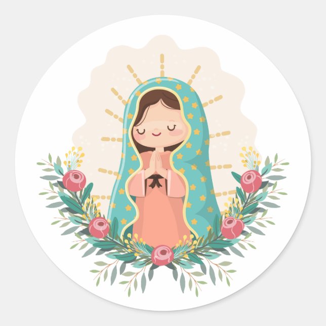 Pegatina Redonda Nuestra Señora de Guadalupe con flores estilo Kawa (Anverso)