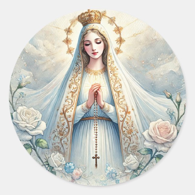 Pegatina Redonda Nuestra Señora de las rosas blancas de Fátima acua (Anverso)