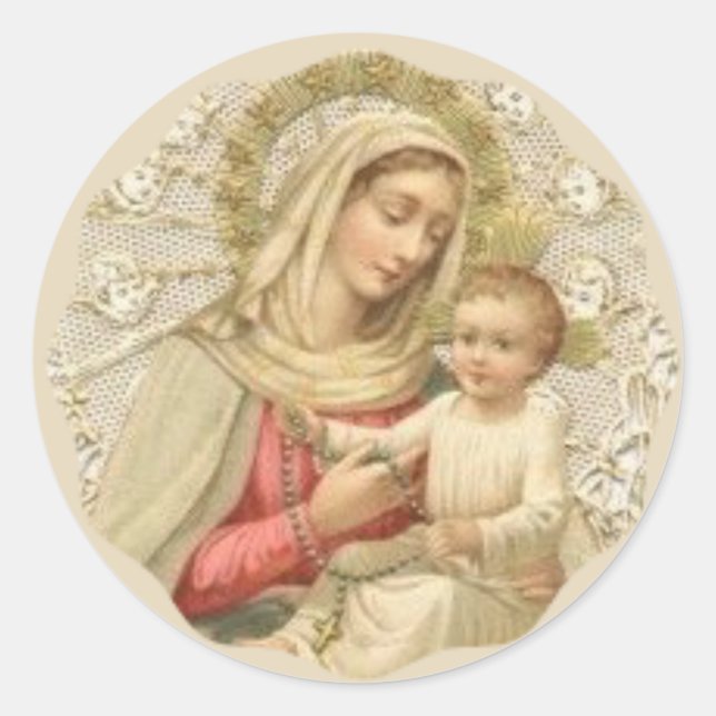 Pegatina Redonda Nuestra Señora del Rosario con el Niño Jesús (Anverso)