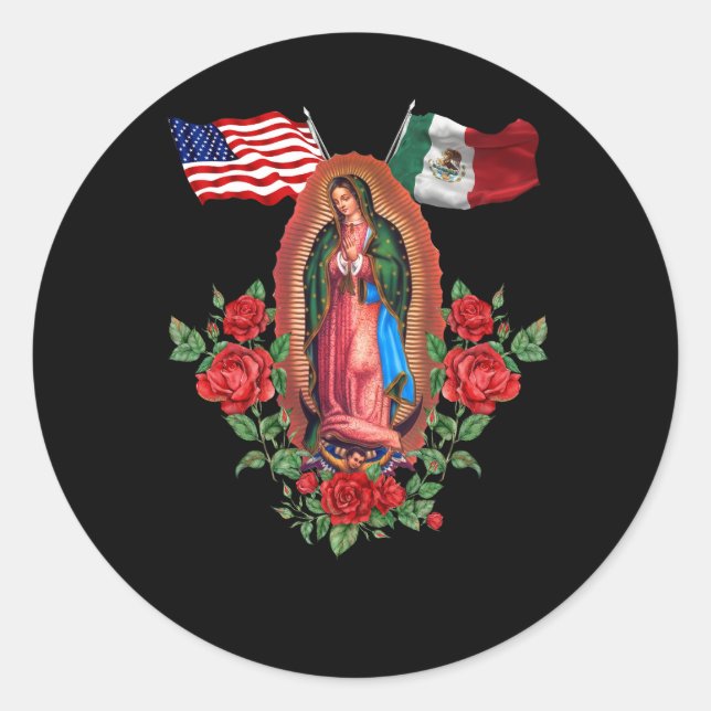 Pegatina Redonda Nuestra Señora Virgen De Guadalupe Bandera America (Anverso)
