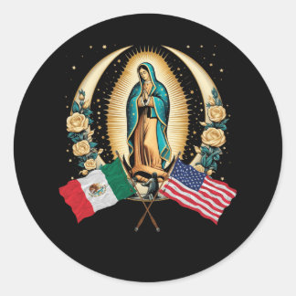 Pegatina Redonda Nuestra Señora Virgen De Guadalupe Bandera America