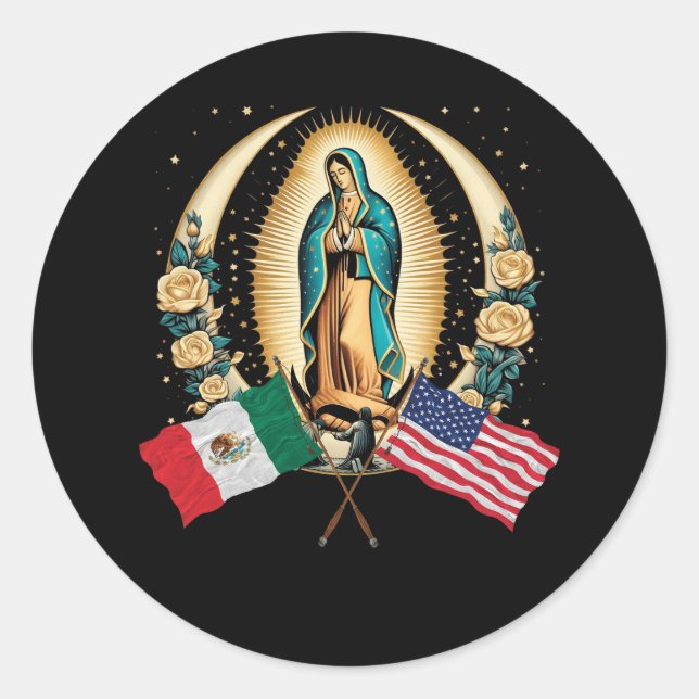 Pegatina Redonda Nuestra Señora Virgen De Guadalupe Bandera America (Anverso)