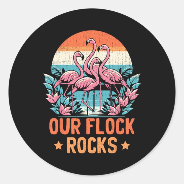 Pegatina Redonda Nuestras Flock Rocks Flamingos Lover Familia Vacac (Anverso)