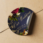 Pegatina Redonda Nuestro boda elegante boda de oro de la marina bor<br><div class="desc">Borgoña roja y crema de marfil hermosas ramas de flores con follaje verde y dorado y hojas y un guión de caligrafía de oro de moda haciendo un elegante pegatina boda de tipografía. Personalízalo con tu texto, nombres y detalles! Adecuado para bodas vintage de otoño floral elegante o invierno /...</div>