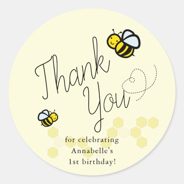 Pegatina Redonda Nuestro cumpleaños amarillo de Hunny Bee Gracias (Anverso)
