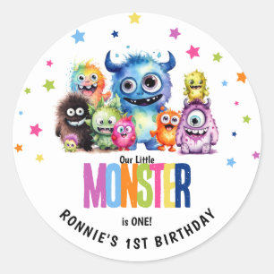 Pegatina Redonda Nuestro pequeño Monstruo Fiesta de Cumpleaños